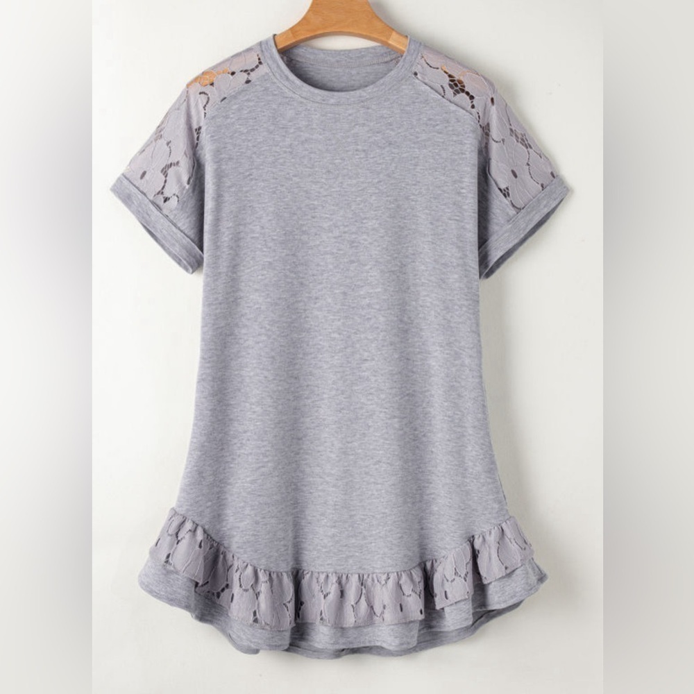 Light Gray Lace Floral Patchwork Ruffled T-Shirt Dress - Picture 4 of 9